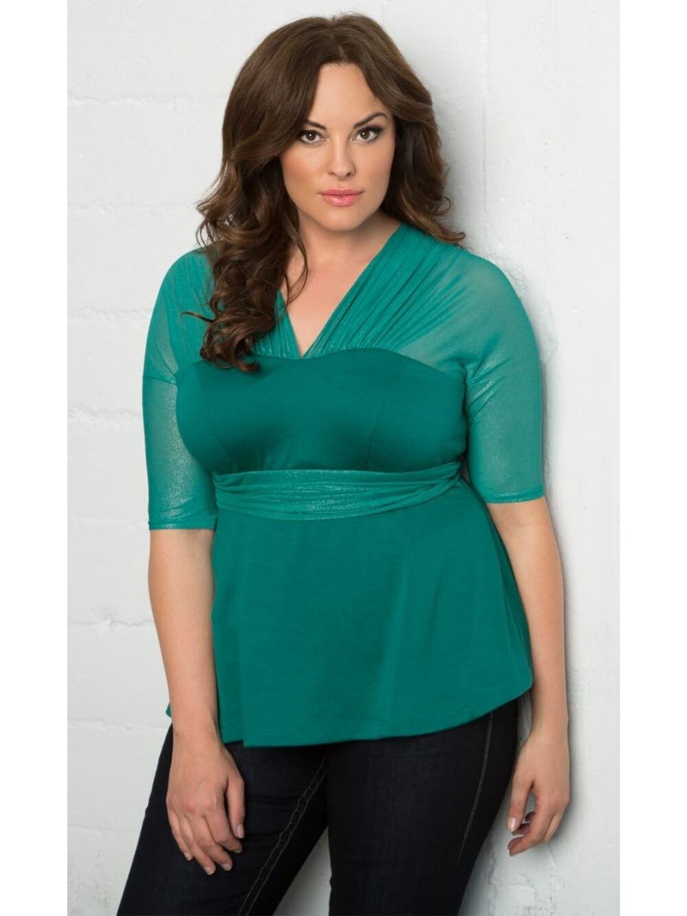 Kiyonna Green Pretty Peplum Top 3X Romantic Mesh Yoke Stretch Blouse Plus Size
